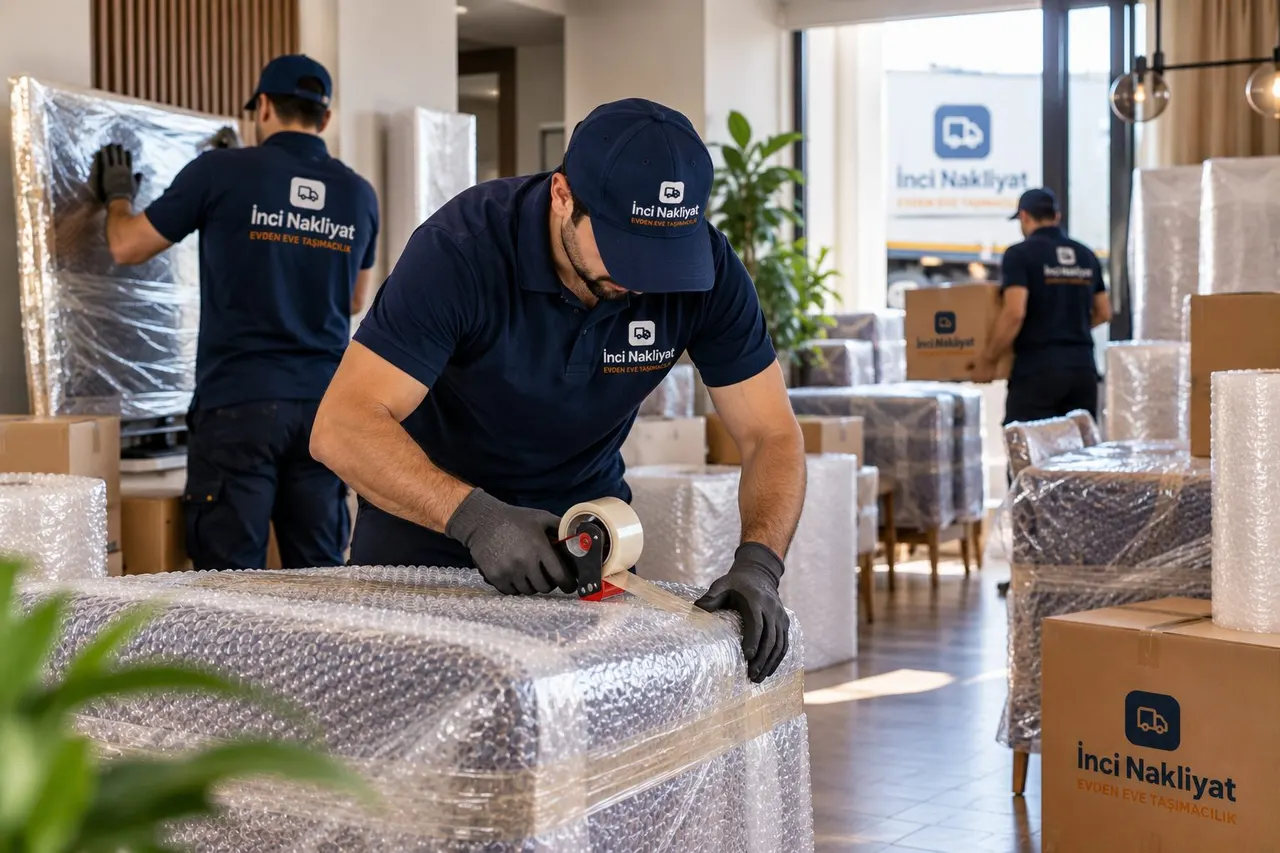Ambalajlı taşımacılık Ambalajlı taşımacılıkta mobilyanın balonlu naylon ve koli bandıyla paketlenmesi