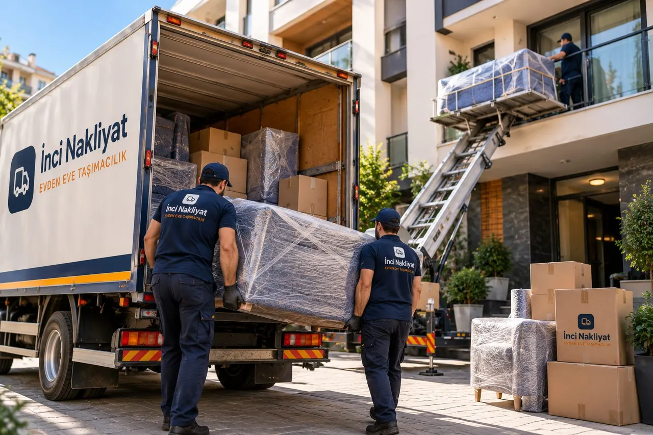 Karaman asansörlü nakliyat Asansörlü nakliyatta mobil asansör balkona sarılı mobilya çıkarırken iki kişilik ekip kamyona eşya yüklüyor
