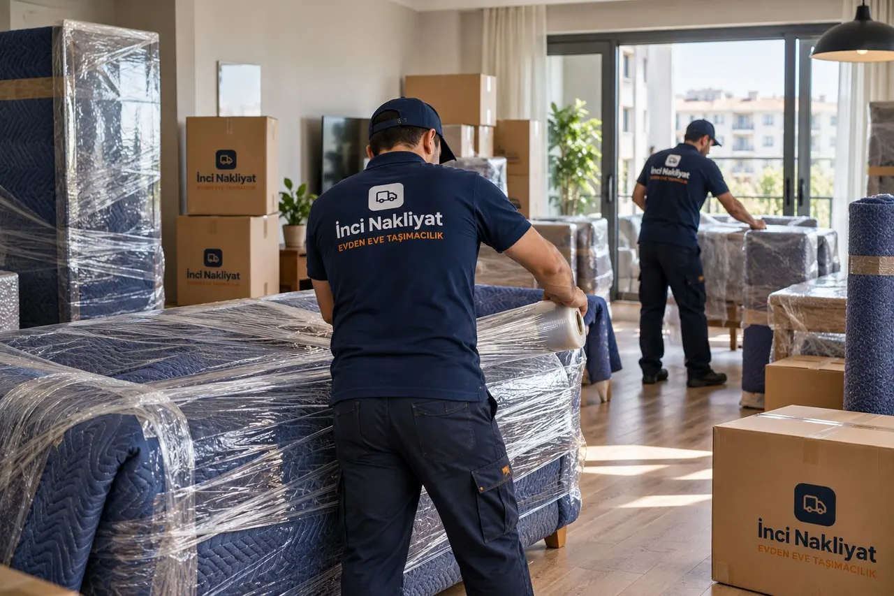 Taşınmada eşya koruma Taşınma günü salonda mobilya ve eşyaların koruyucu örtü ve streçle paketlenmesi