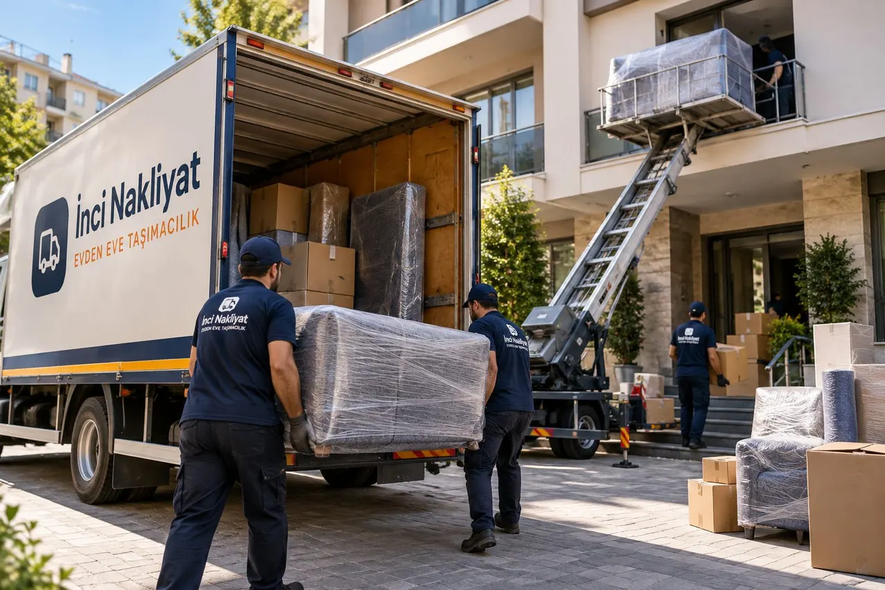 Karaman evden eve nakliyat ve asansörlü yükleme Karaman'da evden eve nakliyat sırasında ekip sarılı koltuğu kamyona taşırken, arkada mobil asansör balkona eşya çıkarıyor